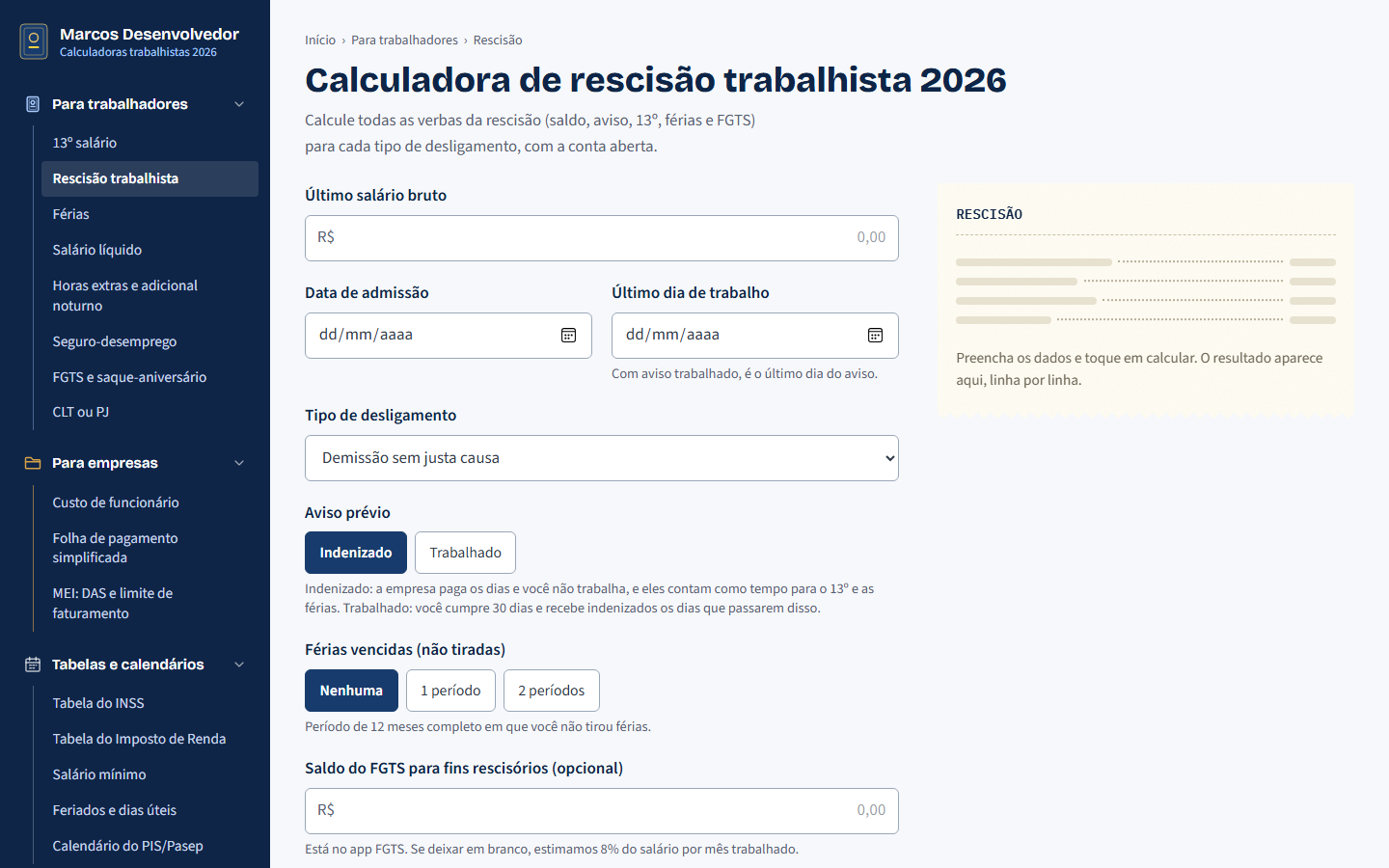 Tela do projeto Calculadoras CLT